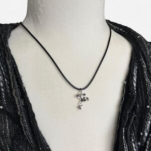 Silver Tone Frog Pendant on Black Cord Necklace